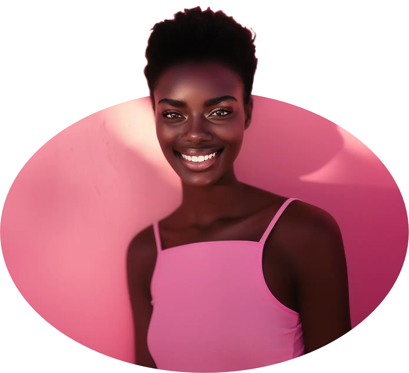 A woman in a pink tank top is smiling in a pink circle