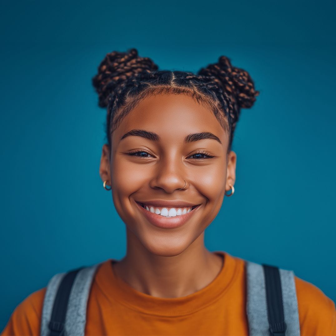 Smiling young Black woman with braided space buns and a nose ring, wearing an orange shirt and a backpack, against a blue background.