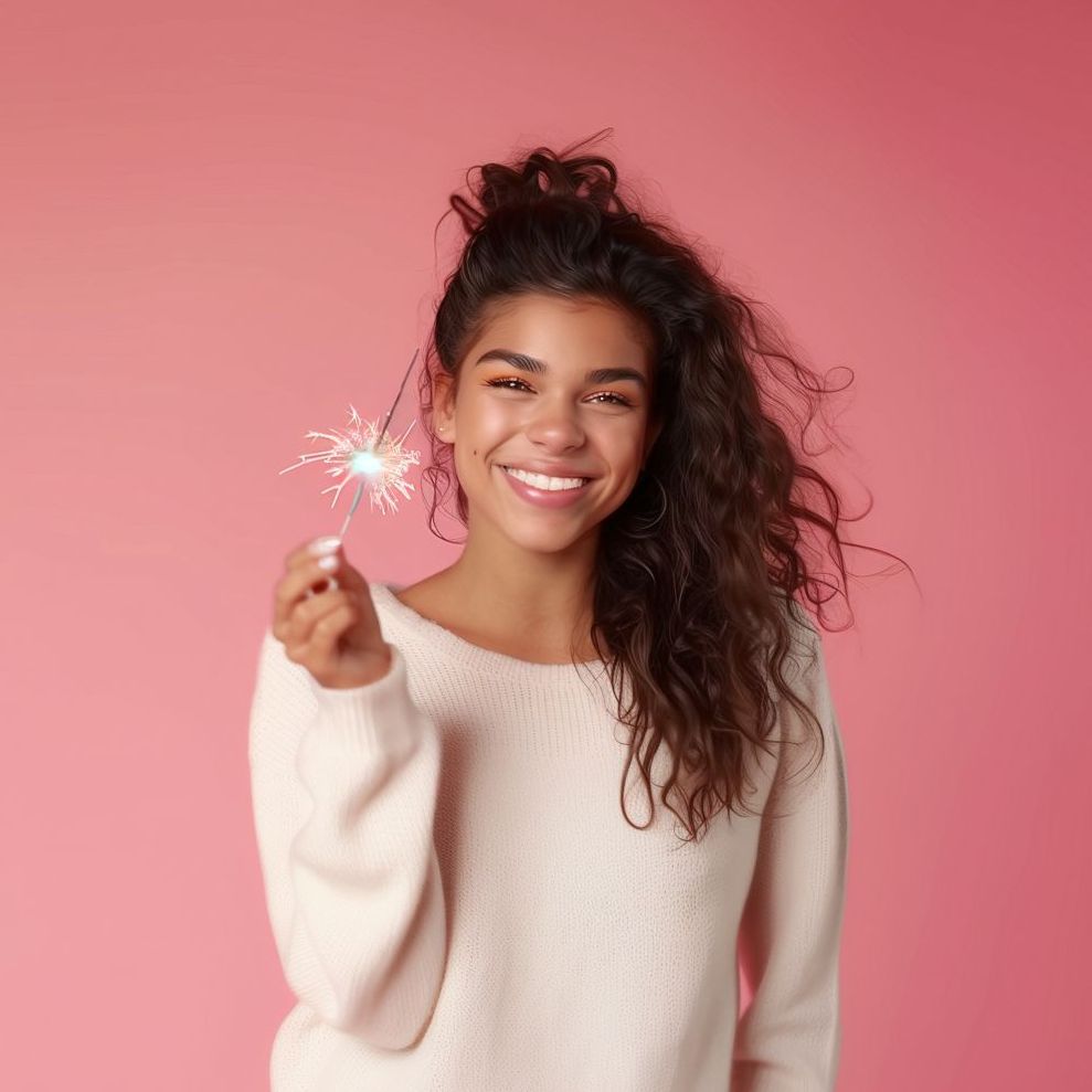 A woman with a white sweater, holding a sparkler in front of a pink background