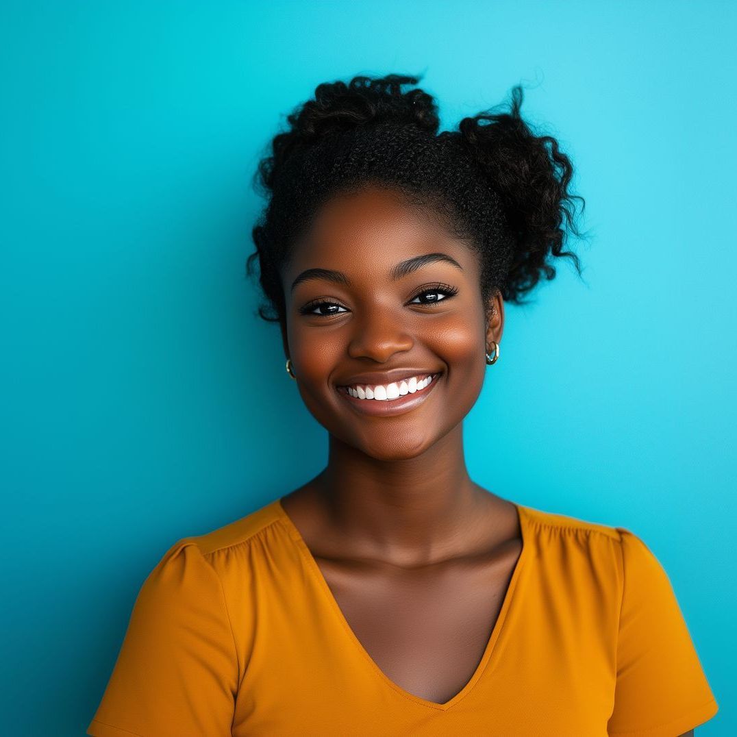 A woman in a yellow shirt is smiling in front of a blue wall.