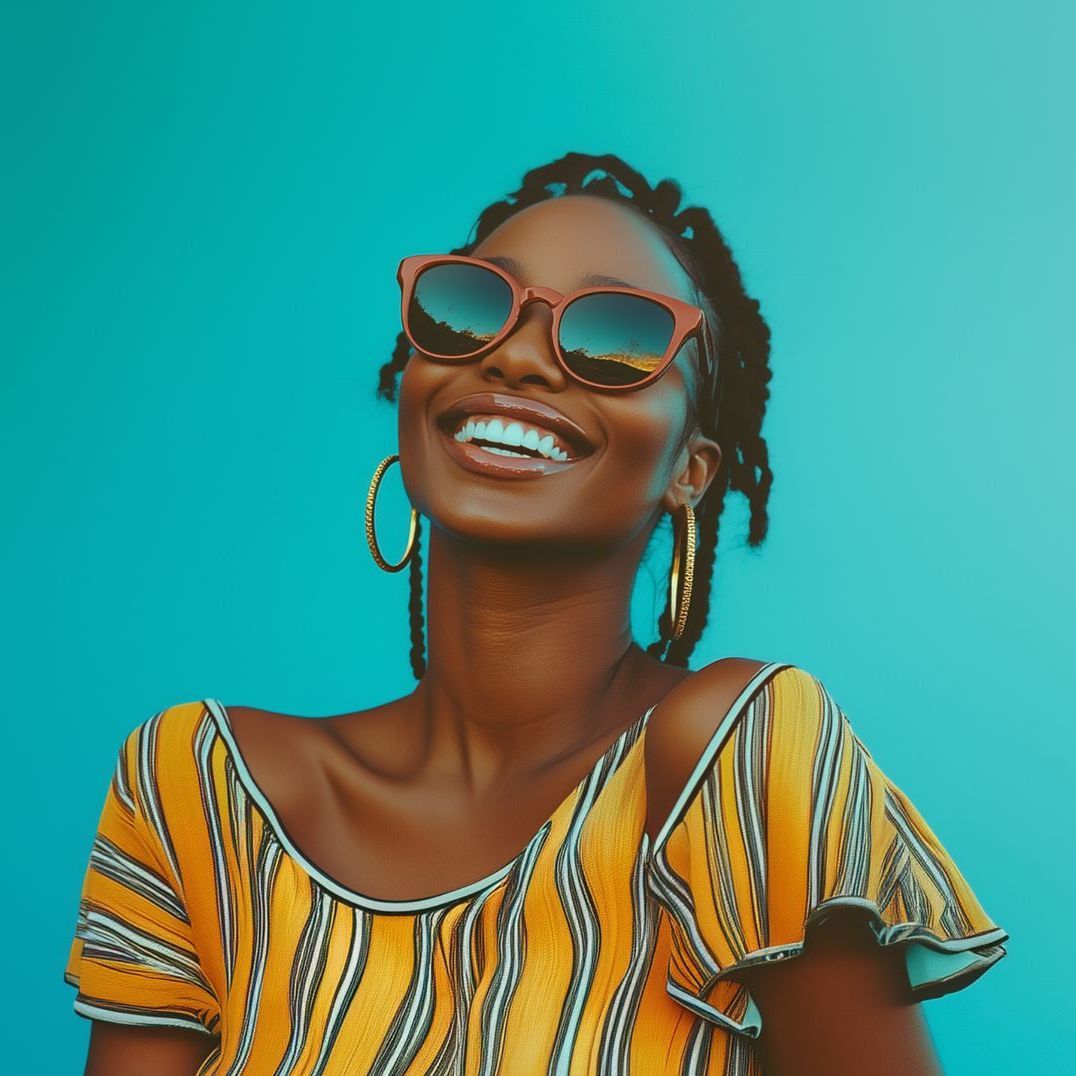 A woman wearing sunglasses and a yellow shirt is smiling.