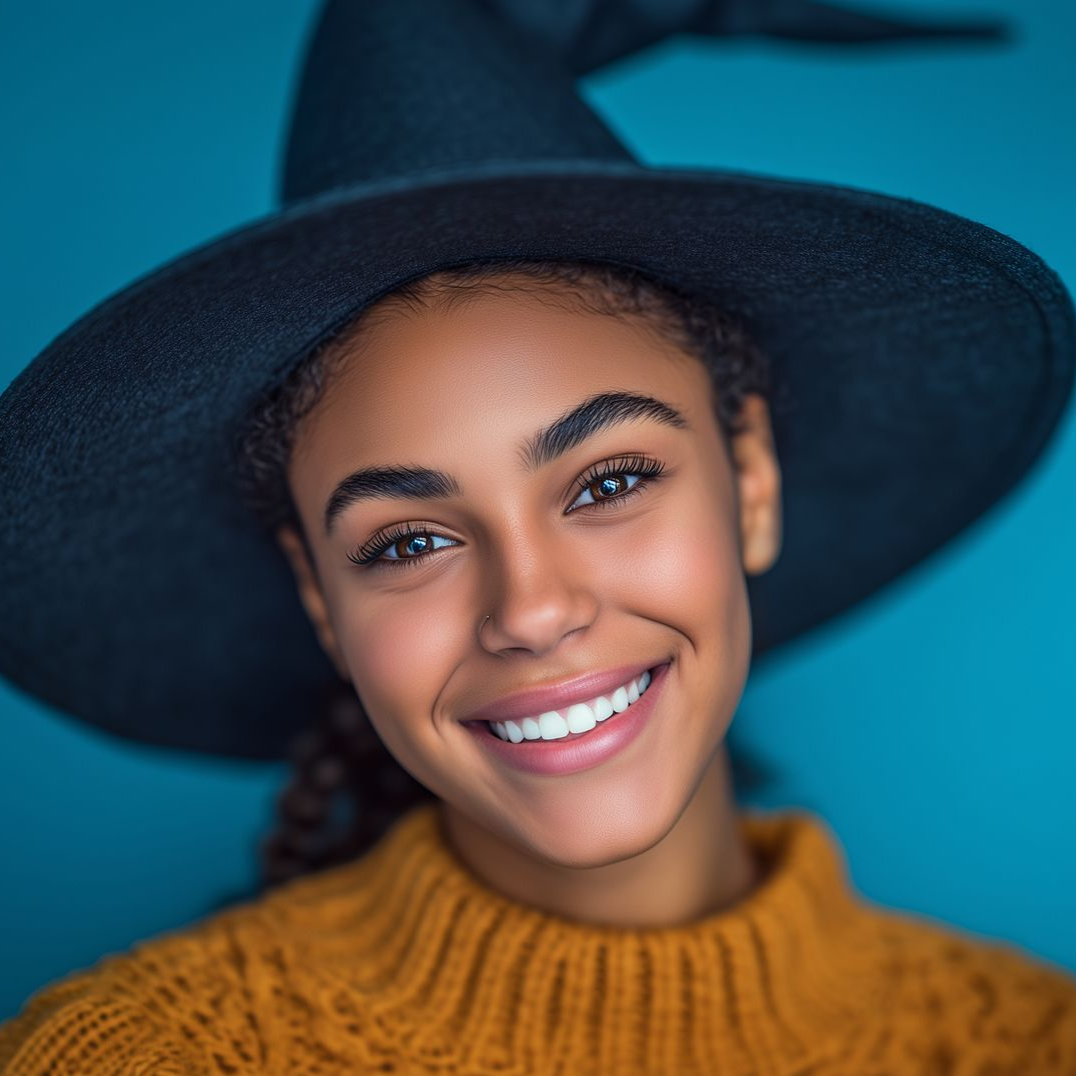 Smiling young woman wearing a witch hat and orange sweater against a teal background.