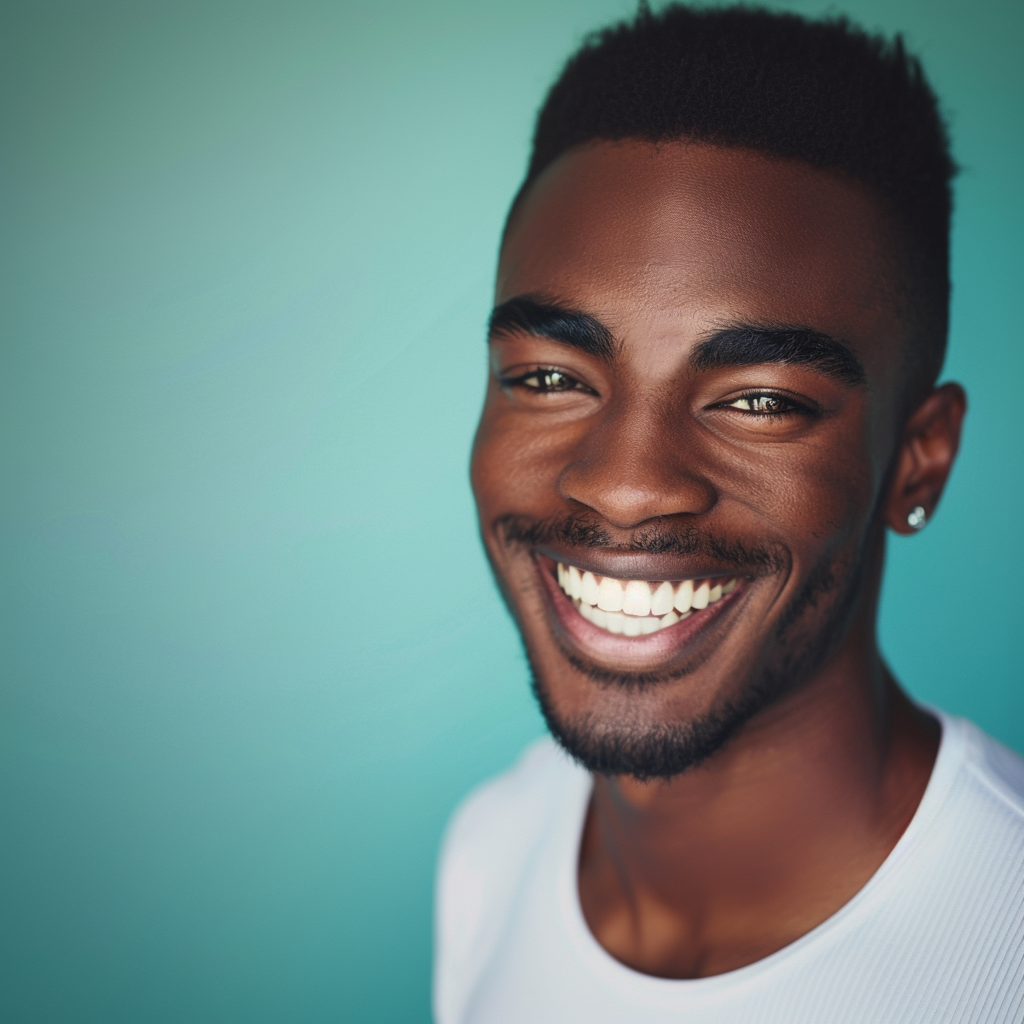 A young man with a beard is smiling and wearing a white shirt.