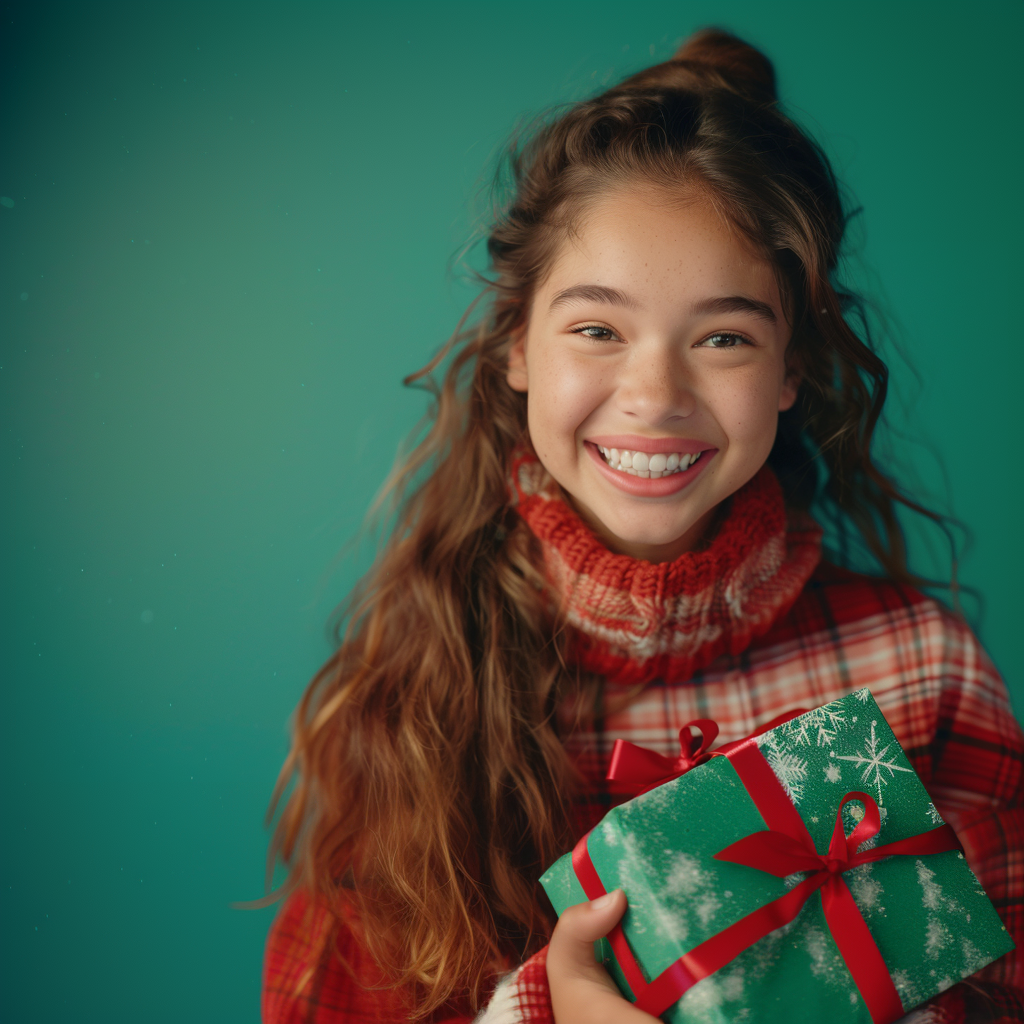 A young girl is holding a christmas present and smiling.