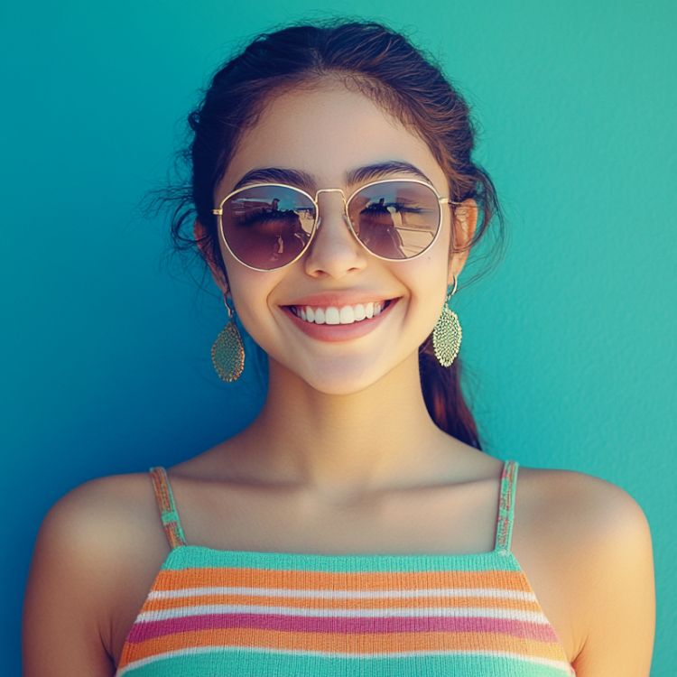 A woman wearing sunglasses and earrings is smiling in front of a blue wall.