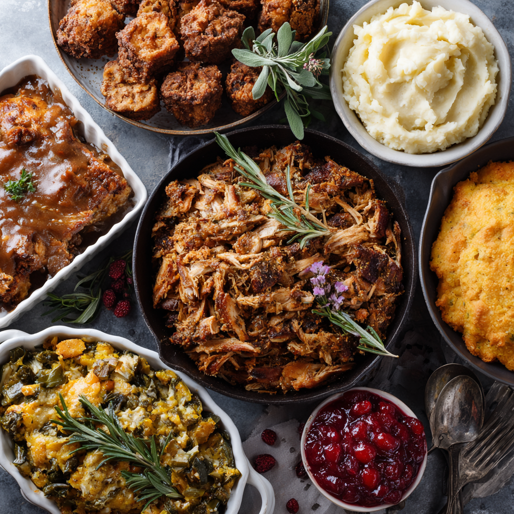 Various Thanksgiving dishes: pulled pork, mashed potatoes, cornbread, and stuffing.