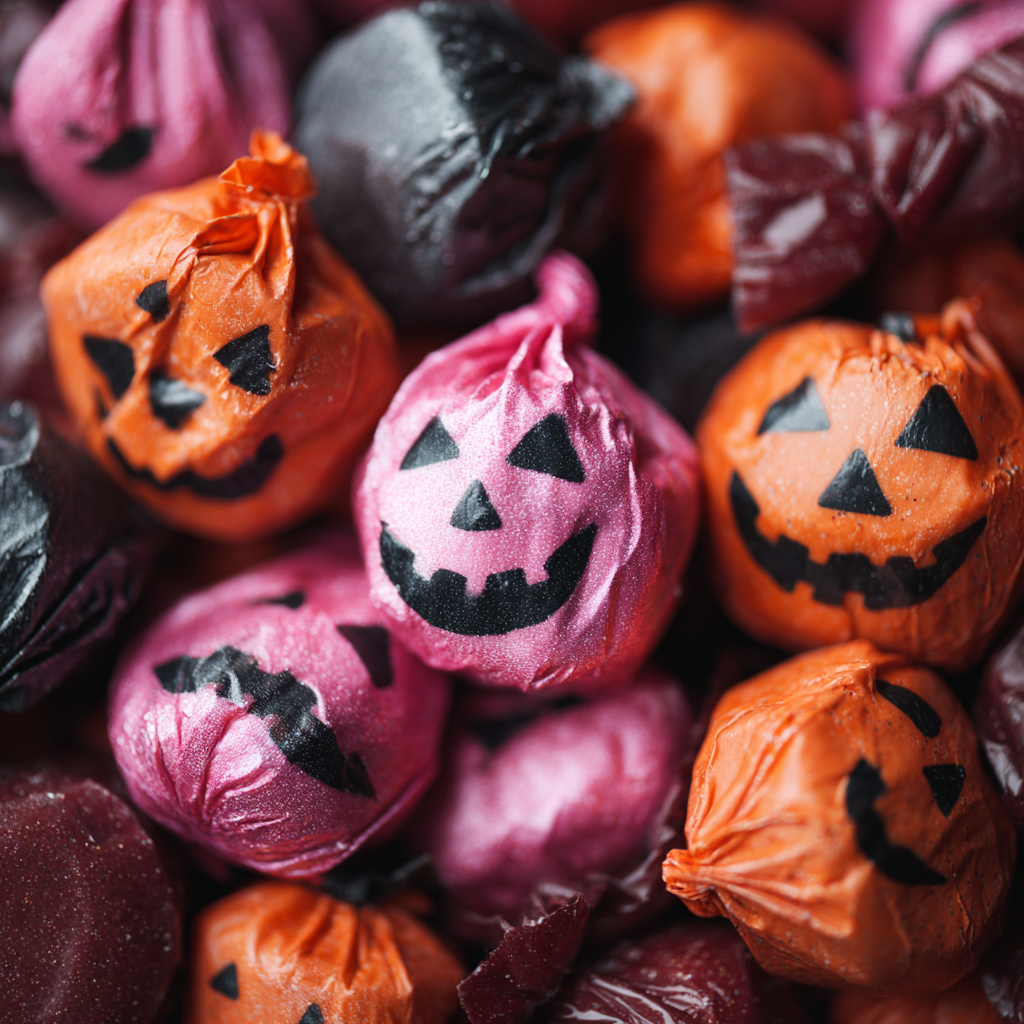 Close-up of Halloween candies in orange, pink, black, and purple wrappers, each with a jack-o'-lantern face.