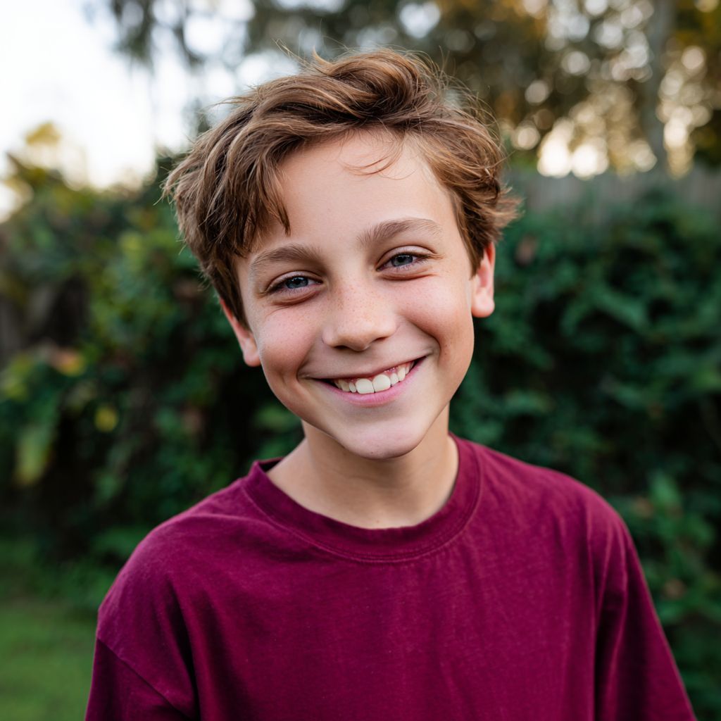 Boy with brown hair and a big smile in a maroon shirt stands outside.