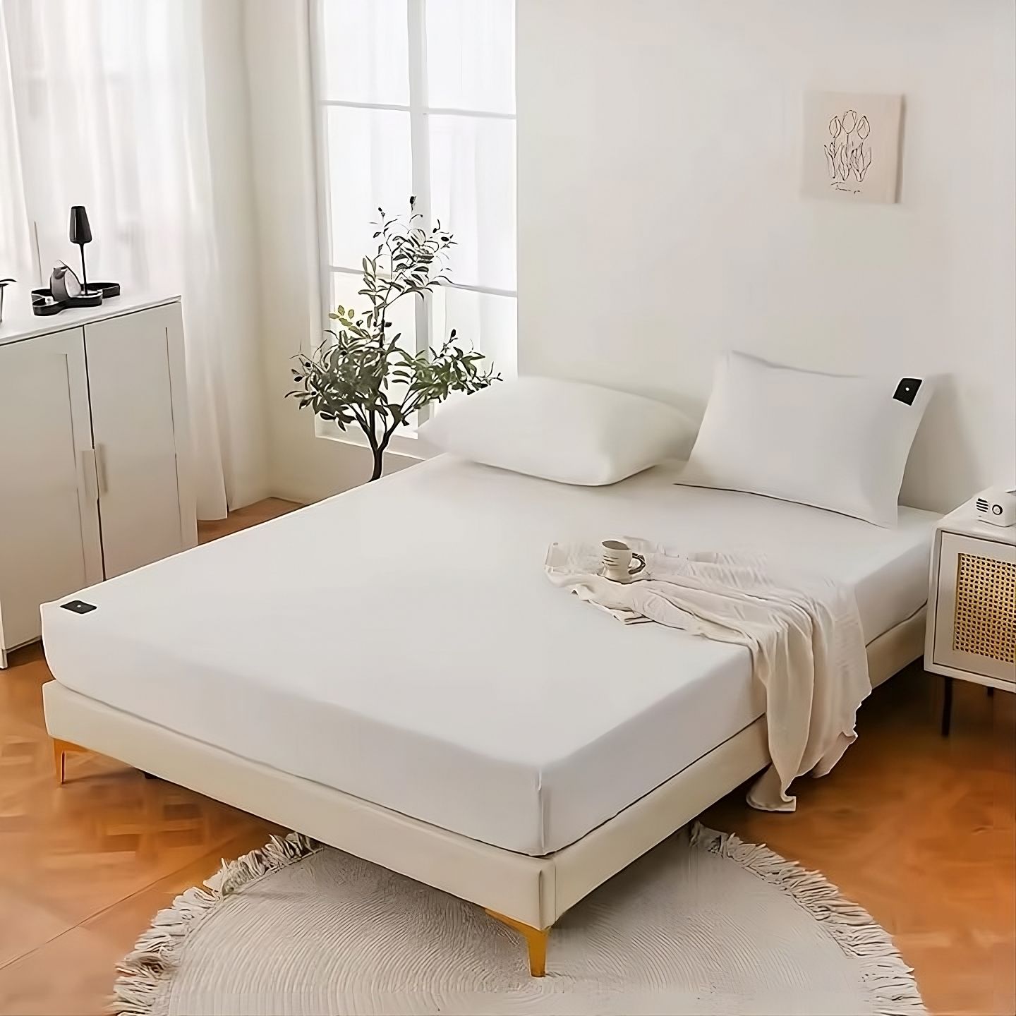 Groundify Fitted Bed Sheet in Pure White displayed in a modern bedroom.
