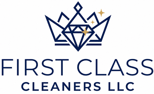 First Class Cleaners LLC logo with navy crown and diamond icon on white background