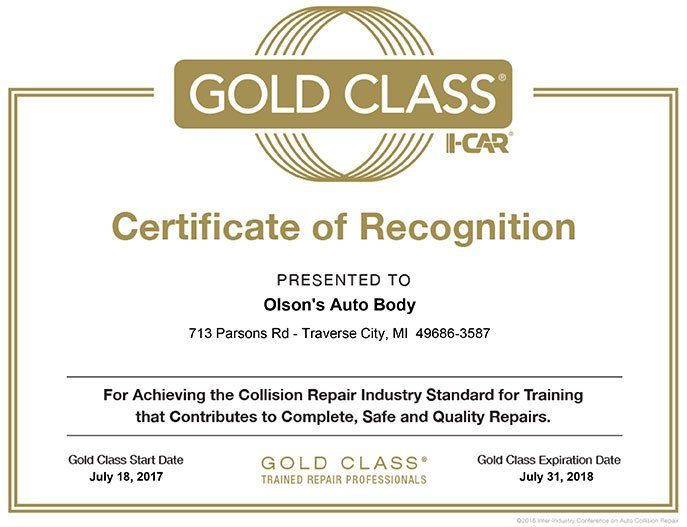 Collision Repair — Gold Class Certificate in Traverse City, MI