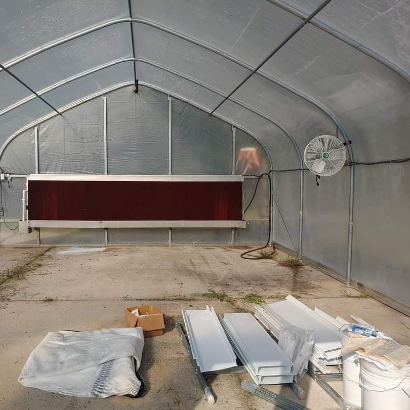 Interior of a large greenhouse with a concrete floor, a red cooler, and a fan.