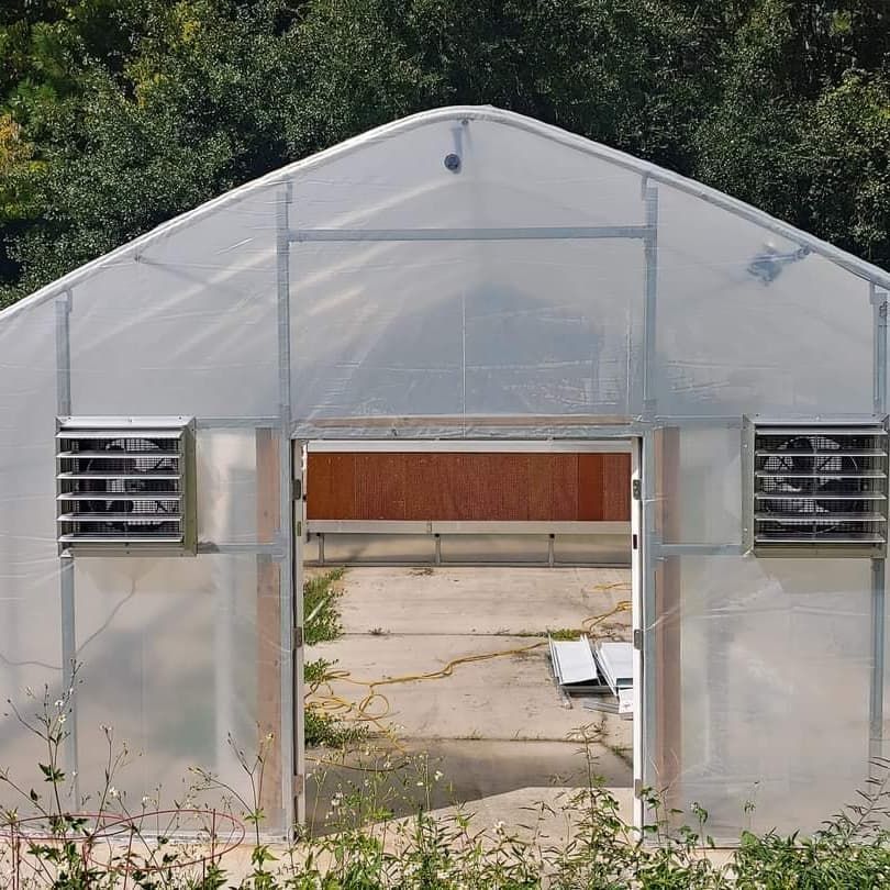 Greenhouse with open door, ventilation fans, and clear plastic walls. Concrete floor and wooded background.