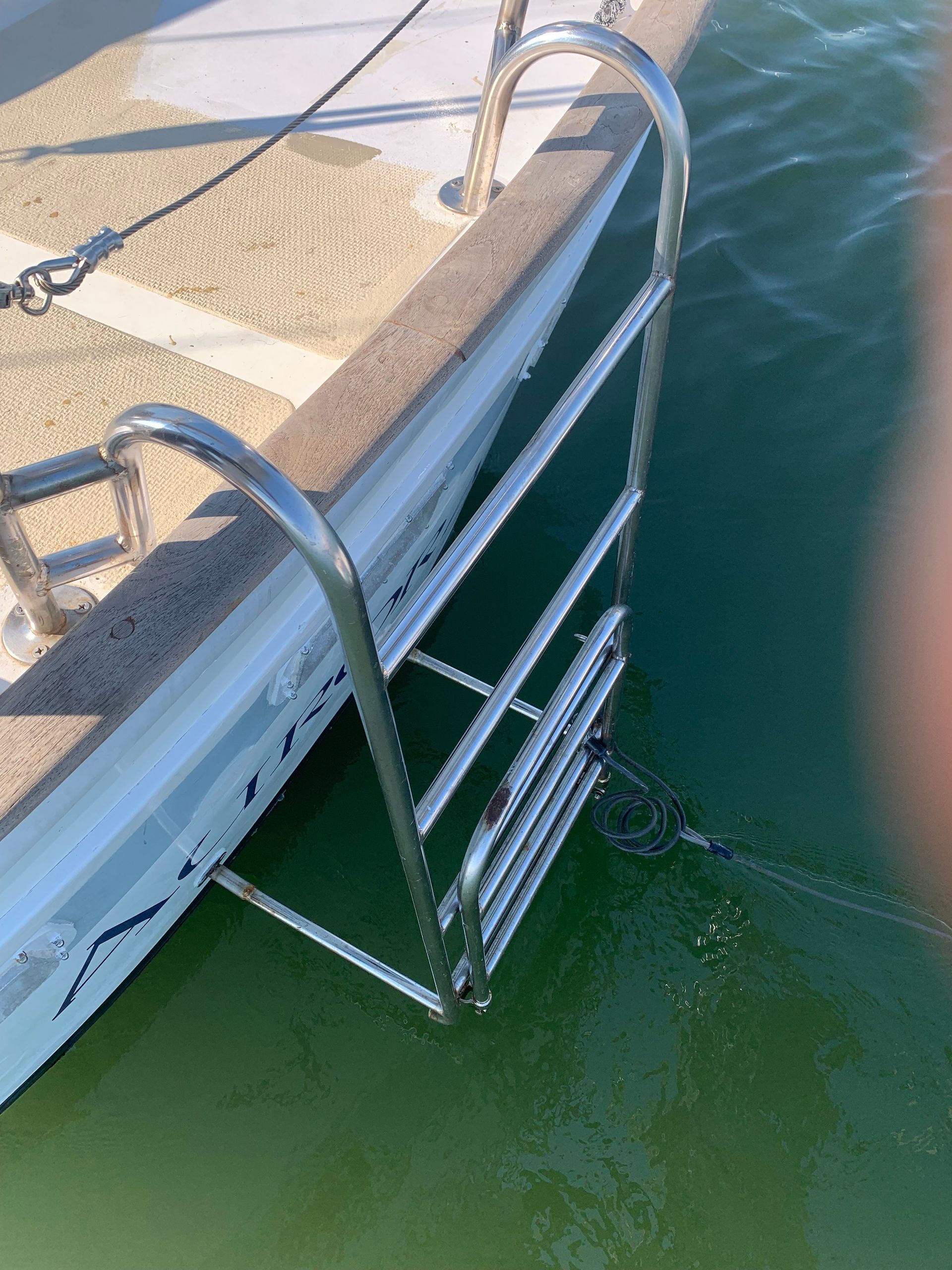 Boat with a stainless steel ladder extending into green water.