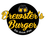 The logo for brewster 's burger is black and yellow and says eat drink play.