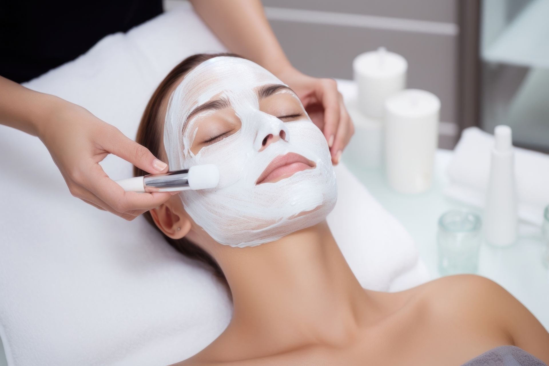 A woman is getting a white mask on her face at a spa.