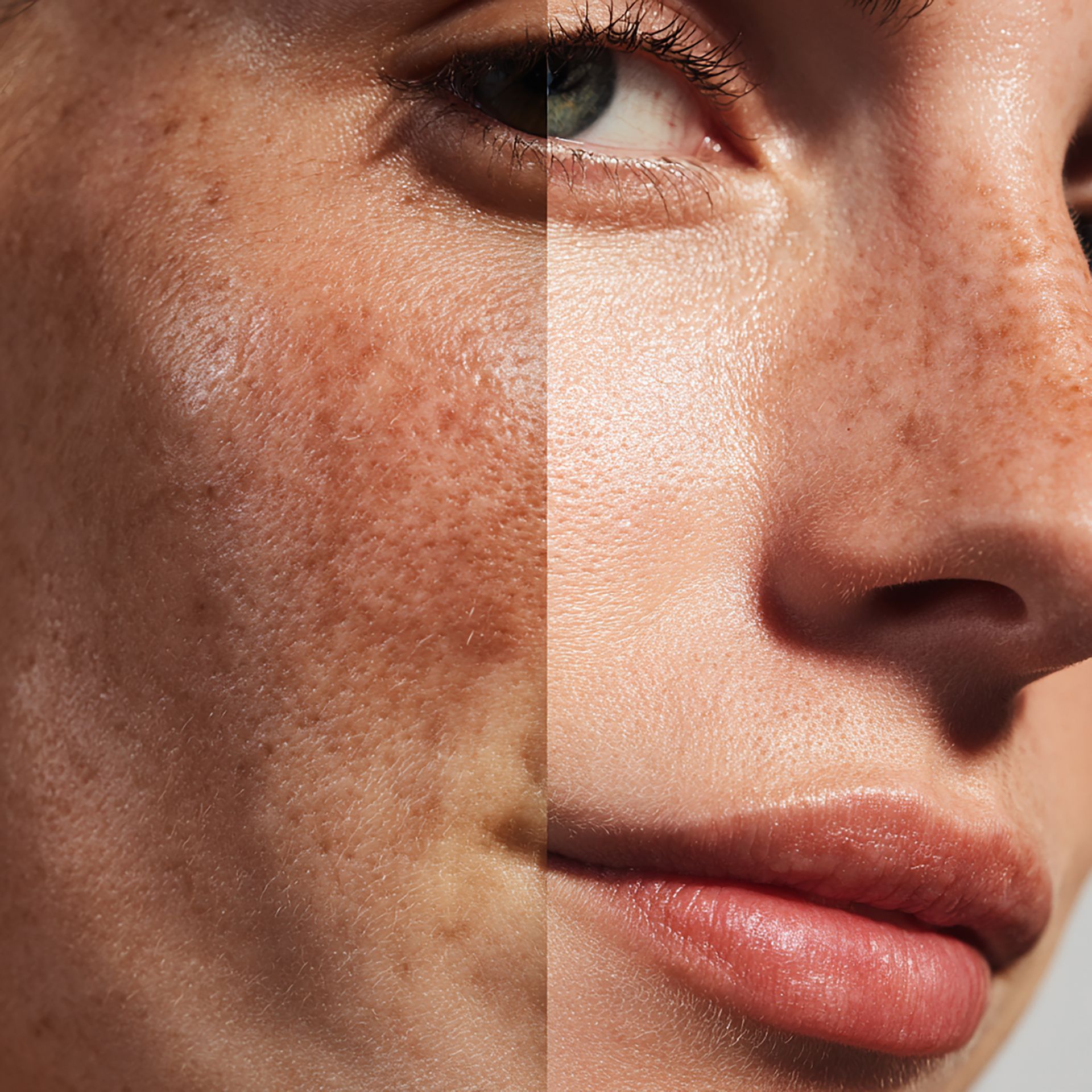 A split-screen comparison of skin, showing a textured side with hyperpigmentation next to a smoother, clearer side.