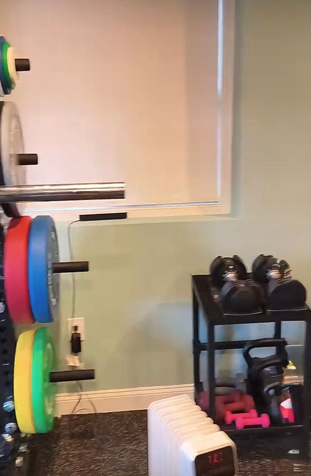 Weight plates, dumbbells, and kettlebells in a home gym. Colorful plates on a rack, dark weights on a shelf.