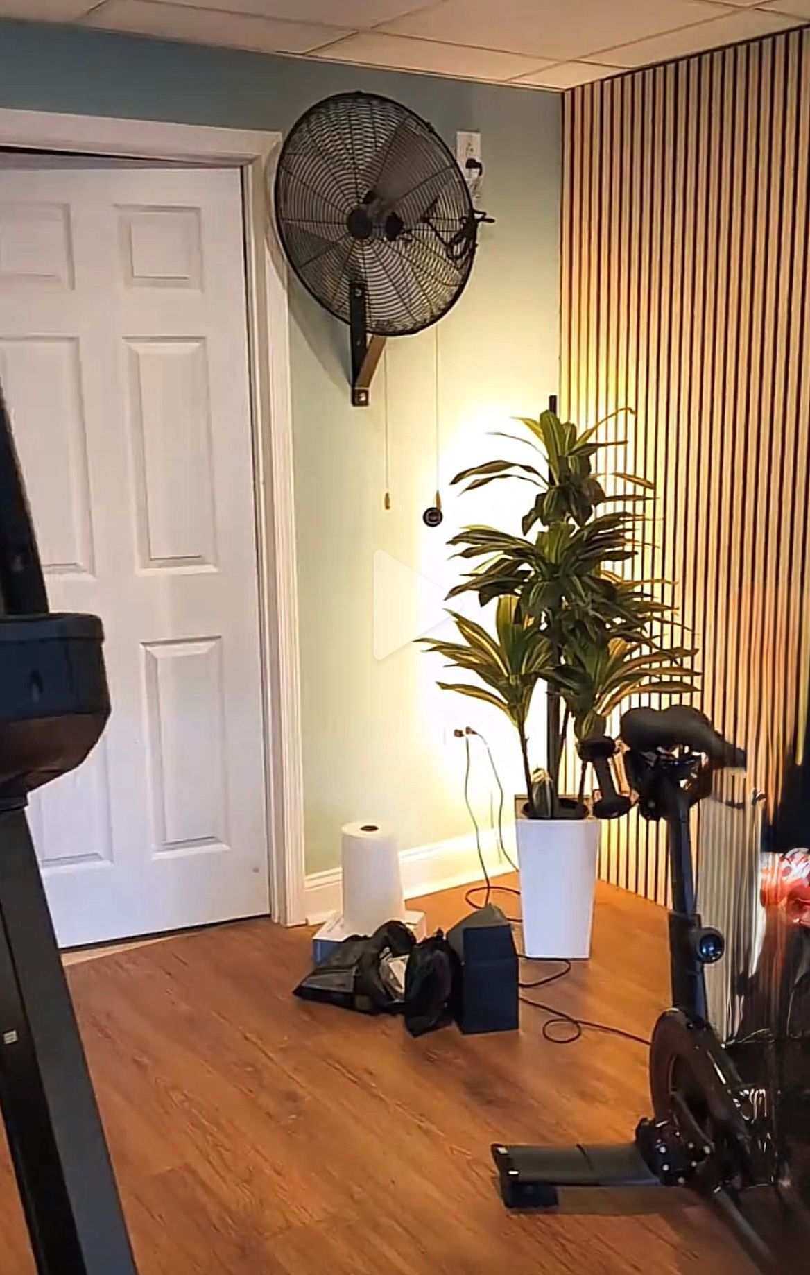 Home gym with fan, exercise bike, potted plant, and light-colored wooden wall paneling.