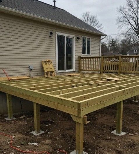 Unfinished deck frame being built outside a house with a sliding glass door. Wood construction on concrete footings.