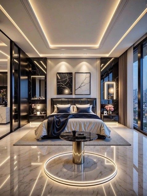 Luxurious modern bedroom with marble floors, ambient lighting, and dark furniture.