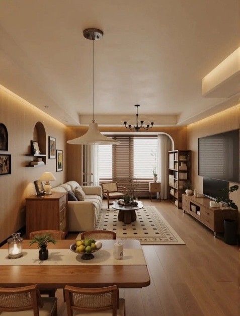 Cozy living room with beige walls, wooden furniture, and a rug. Features a sofa, dining table, and built-in TV.