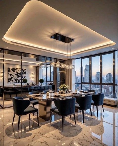 Elegant dining room with city view, marble floor, and modern furniture.