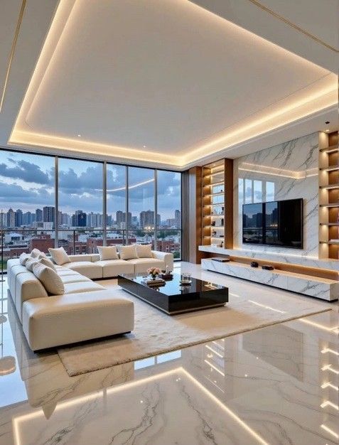 Luxurious living room with floor-to-ceiling windows overlooking a city, white sectional sofa, marble floors, and modern built-ins.