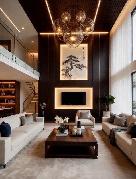 Elegant living room with dark wood paneling, large artwork, and light-colored sofas.