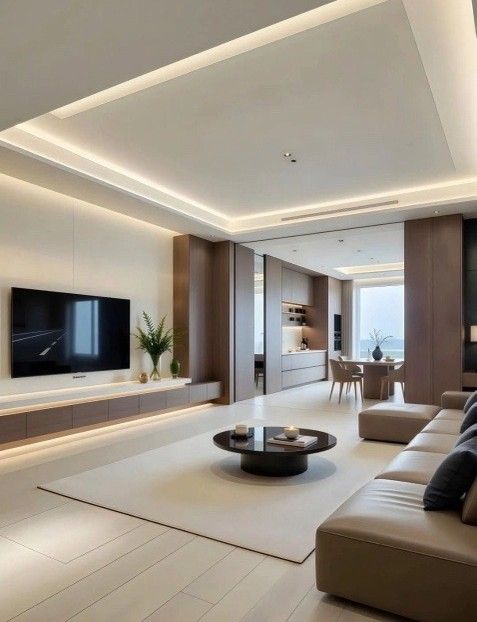 Modern living room with built-in cabinetry, large screen TV, tan couch, and recessed lighting.