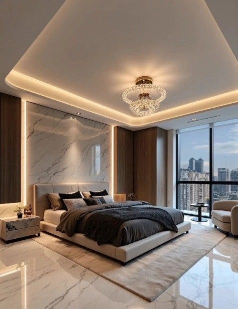 Luxurious bedroom with marble walls, large window, bed, rug, and gold chandelier.