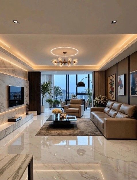 Luxurious modern living room with marble floors, leather sofa, and city views.