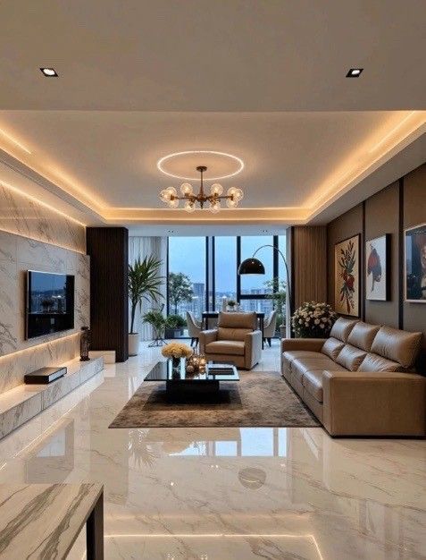 Modern living room with leather furniture, marble floors, and city view.