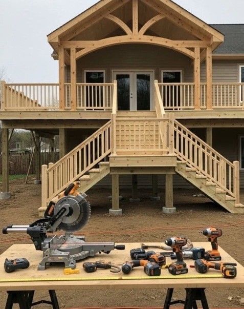 A two-story wooden deck under construction, with tools in front. Beige siding and double doors are visible.
