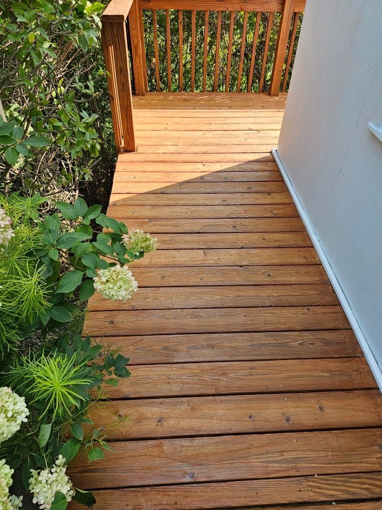 Wooden deck with railings next to a white wall, shaded by greenery and plants.