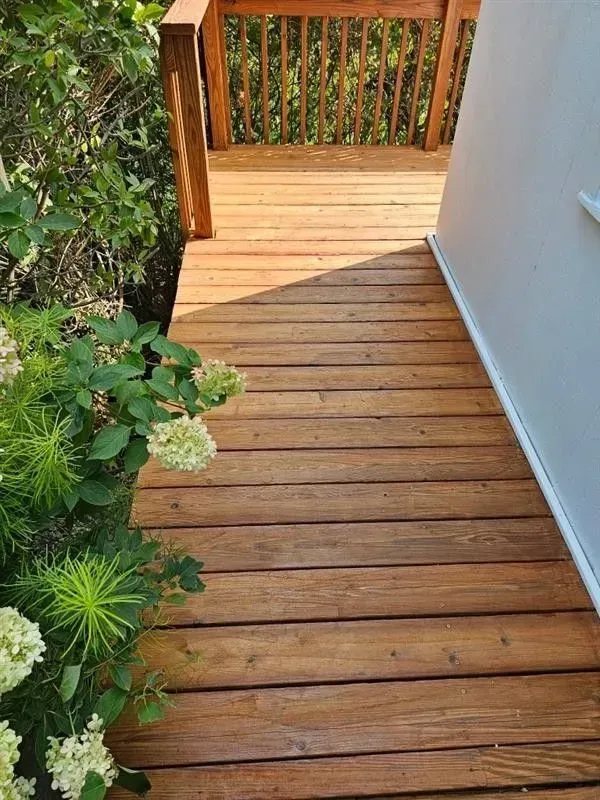 Wooden deck path leading to a railing, with flowering plants on the left and a white wall on the right.
