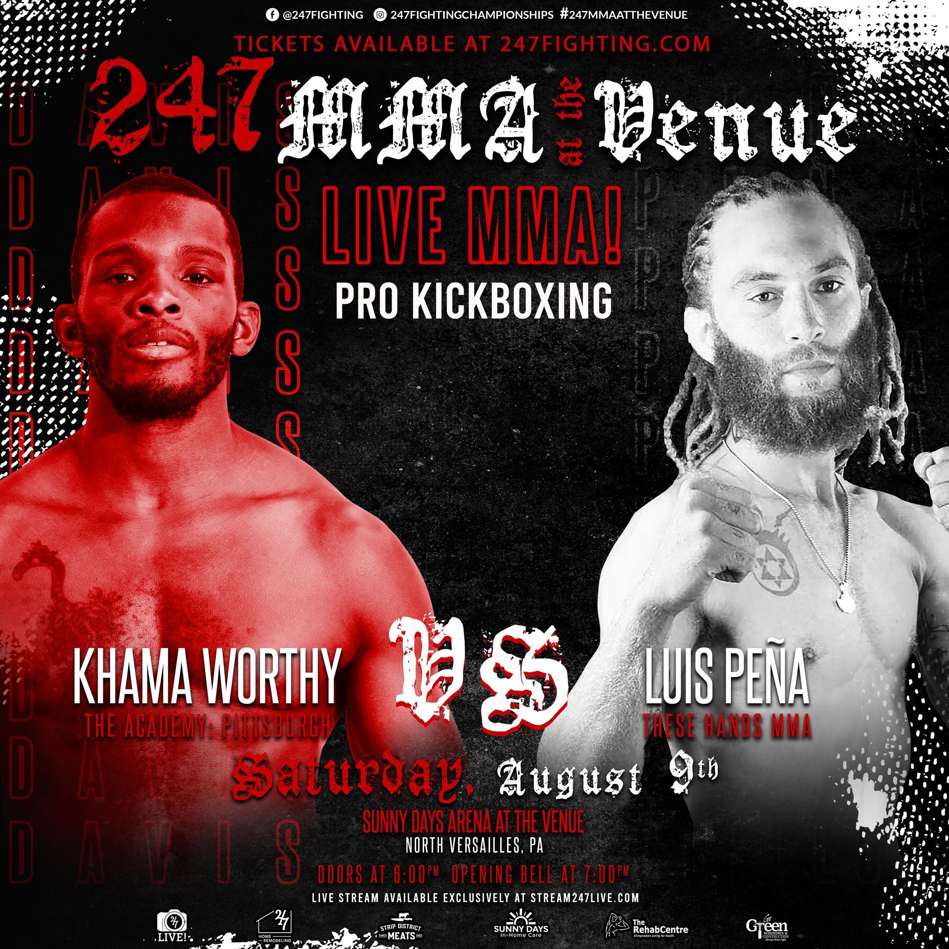 Khama Worthy vs Luis Peña fight poster for 247 MMA at the Venue on August 9.