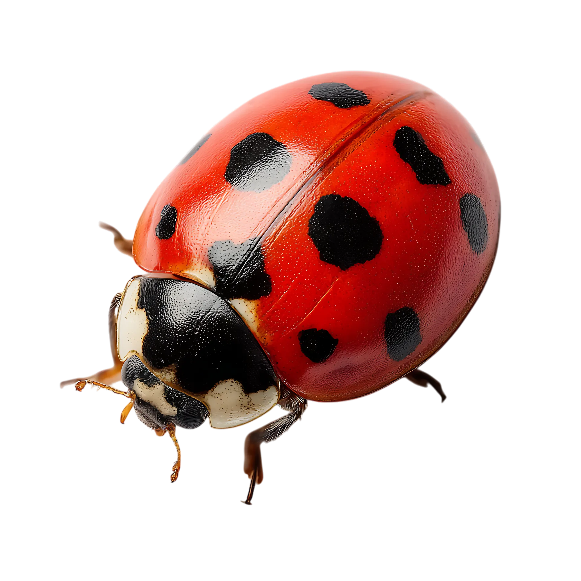 Coccinelle à carapace rouge et à points noirs.