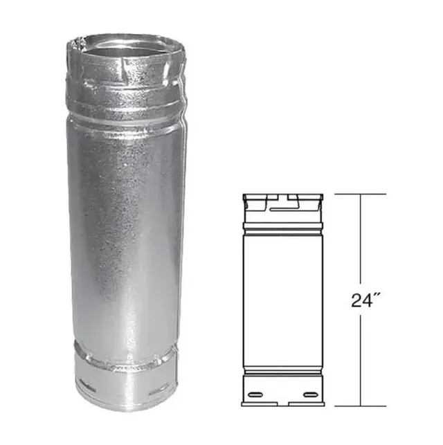 Silver 24-inch cylindrical metal duct or chimney pipe with side and front technical views