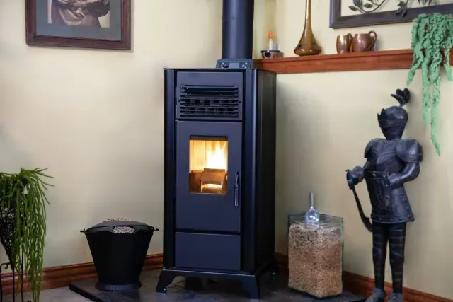 Black wood stove burning in a cozy room with plants, wall art, and a decorative statue nearby