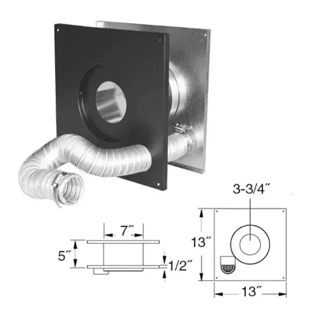 Black HVAC wall vent with flexible silver duct and dimension measurements shown