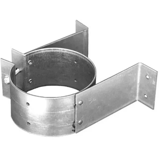 Metal pipe clamp with two flat mounting brackets for securing a circular duct or post.