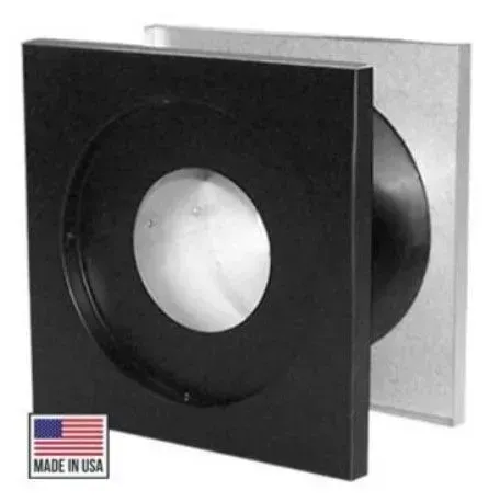 Black and white vent cover with circular opening, side view, Made in USA label