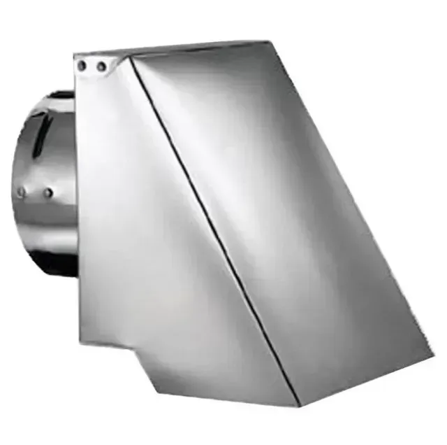 Silver metal wall vent hood with angled front and round duct connector