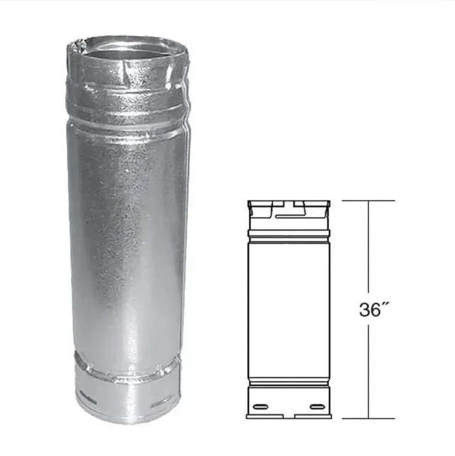 Silver cylindrical metal chimney pipe shown beside a 36-inch dimension diagram.