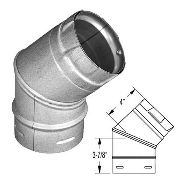 Metal duct elbow fitting with angled side view and dimension diagram showing 4-inch width and 3-7/8-inch height