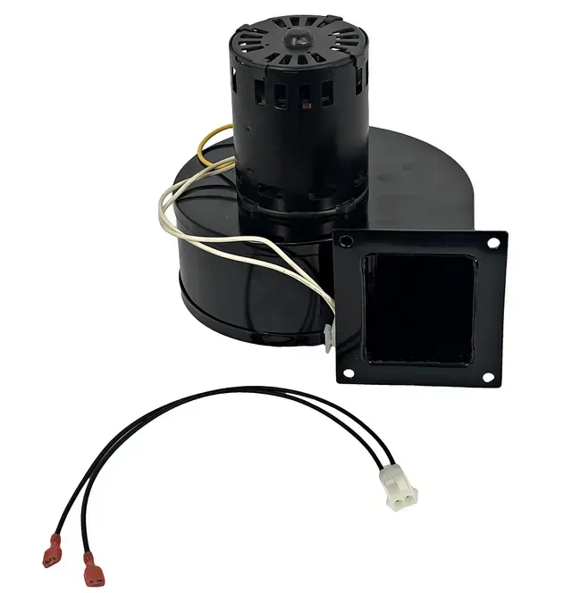 Black cylindrical blower motor assembly with wires and a square mounting flange
