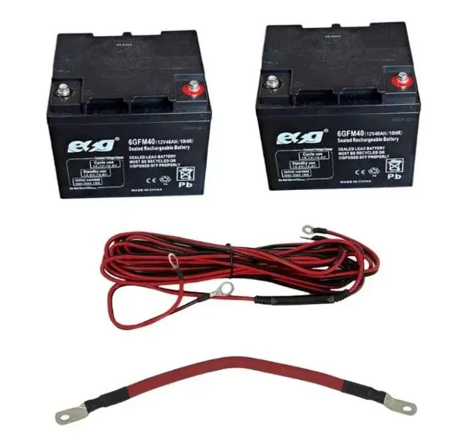 Two black batteries, red/black cable, and a short red battery jumper lead on a white background