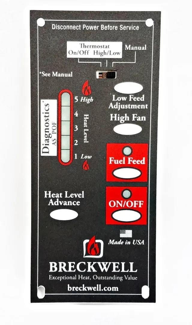 Black control panel with red buttons and labels for a Breckwell pellet stove fan control system