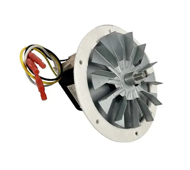 Small silver turbine or impeller with black housing and red/yellow wires on a white background